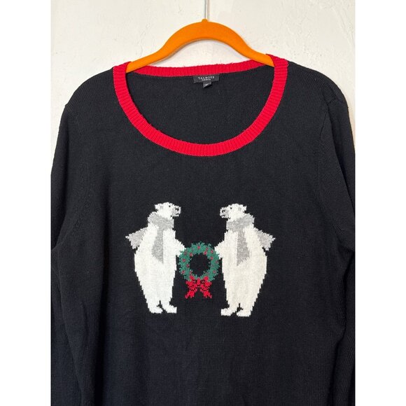 Talbots Holiday Christmas Polar Bear Black Red Round Neck Sweater Size 1X Petite - Picture 2 of 6